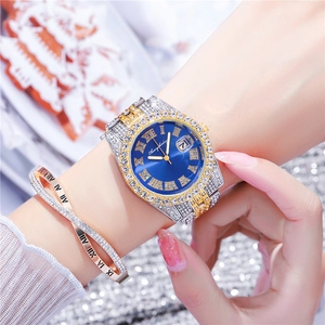 Luxus Damen-Uhr mit blauem Zifferblatt, Diamant-Bicolor-Armband und römischem Armreif