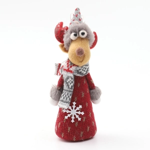 Christmas reindeer knitted plush doll with festive red sweater and plaid scarf ornament