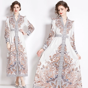 Vintage Palast Stil V-Ausschnitt Maxikleid Laternenärmel Paisley Muster Einreihig Tailliertes Langes Kleid Damen