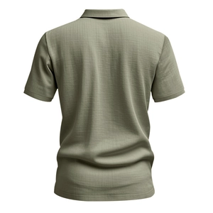 Back view of a men's relaxed-fit linen polo shirt in olive green with fine fabric texture