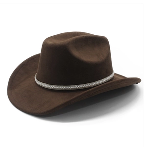 Detailed view of dark brown faux suede western cowboy hat with pearl and rhinestone band