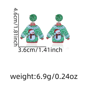 Detailed size chart for Christmas green sweater earrings with snowman pattern and measurements