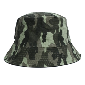 Close-up of camouflage bucket hat featuring reinforced stitching and durable cotton fabric