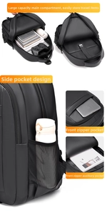 Detail view of the large capacity laptop backpack featuring multiple storage compartments