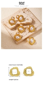 Detailed view of vintage gold plated floral earrings with faux pearls and size specs