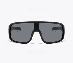 Front view of oversized wrap-around sports sunglasses with black frame and grey lens