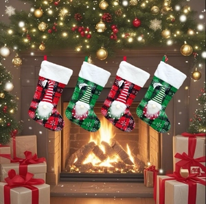 Set of four plaid Christmas stockings with faceless gnomes hung by a festive fireplace