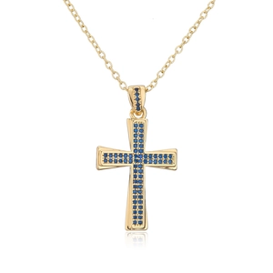 Detail of 18K gold-plated cross pendant featuring neatly set blue zircon gemstones