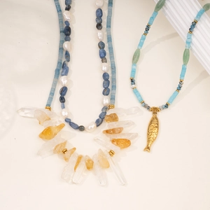 Natural stone necklace with blue stones, pearls, citrine and golden fish pendant