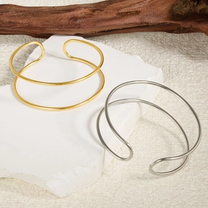 Minimalist double-layer 304 stainless steel open cuff bracelet in gold and silver finish