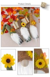 Detail of harvest gnome wine bottle covers with felt fabric and sunflower accents