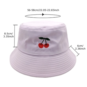 Light purple cotton bucket hat with cherry embroidery and size measurements details