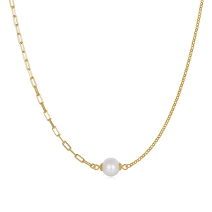 Elegant S925 silver necklace with baroque pearl and asymmetrical gold paperclip chain