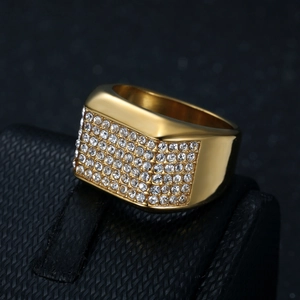 Luxury gold plated stainless steel signet ring for men with iced out pave zircon crystals
