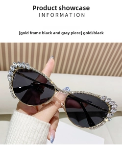 Macro detail of luxury gold frame sunglasses with sparkling rhinestone embellishments