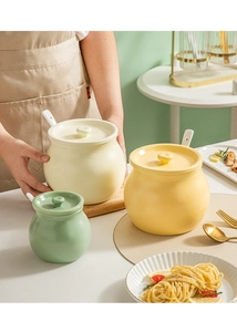Three-piece ceramic seasoning jar set with lids and spoons in different colors and sizes