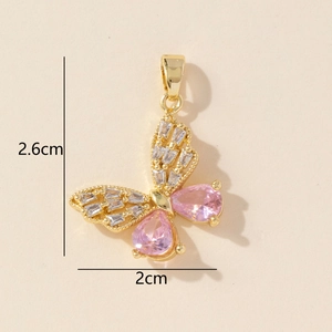 Detailed view of butterfly pendant showing 2.6cm by 2cm dimensions and pink zircon stones