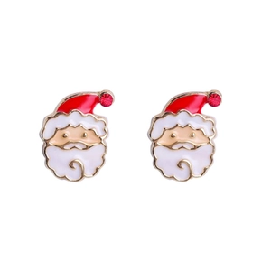 Detail of Santa Claus earrings with red rhinestone accents and gold trim finish