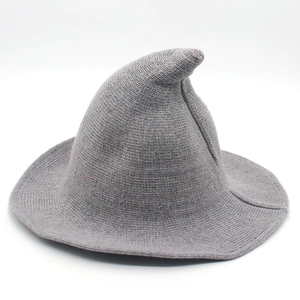 Thick grey wool knit witch hat with pointed tip and wide brim for Halloween cosplay