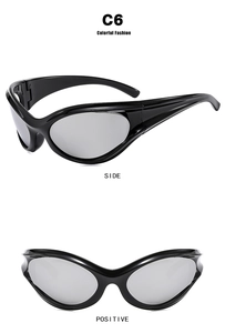 Detailed side and front views of Y2K wrap-around sports sunglasses with silver mirrored lenses