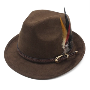 Classic brown suede fedora hat with braided leather band and colorful side feather