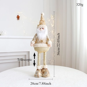 Detailed view of telescopic 56cm Santa plush doll in gold and white on mantelpiece