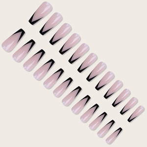 Detailed view of 24pcs long coffin press-on nails with nude base and black V-cut French tips