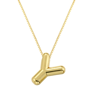 Detailed macro view of gold puffy letter Y pendant with polished mirror finish box chain