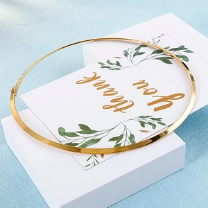 Detail of 4mm gold titanium steel choker necklace with a sleek clasp on a card