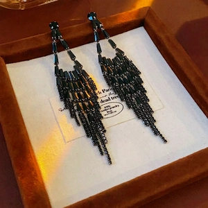 Long Tassel Drop Earrings For Women With Black Rhinestone Copper Dangle Jewelry And Silver Earring Post Fashion