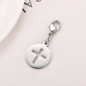 Polished silver stainless steel round pendant with hollow cross and lobster clasp