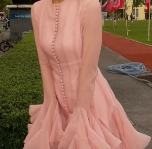 Pink long-sleeved dress featuring elegant ruffle layers and matching fabric buttons
