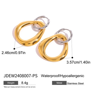 Minimalist gold and silver two-tone stainless steel drop earrings with dimensions