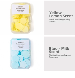 Detail showing lemon and milk scented petal soap sheets in portable plastic cases