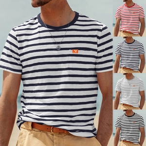 Striped T-Shirt Men Short Sleeve Crew Neck Summer Casual Breathable Fitness Top With Chest Pocket British Style