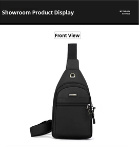 Detail of waterproof black crossbody bag showing multiple zippers and fashion logo
