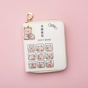 Detailed close-up of white PU leather Capybara coin purse with gold zipper and lucky text