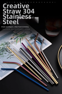Detailed close-up of colorful 304 stainless steel straight and bent drinking straws