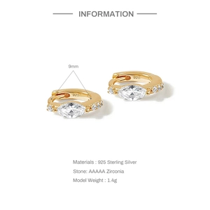 Detail view of 9mm S925 sterling silver gold hoop earrings with marquise zirconia inlay