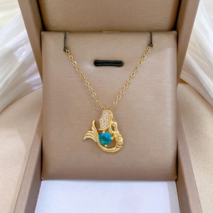Gold-plated mermaid necklace with blue gemstone and diamonds in a premium gift box