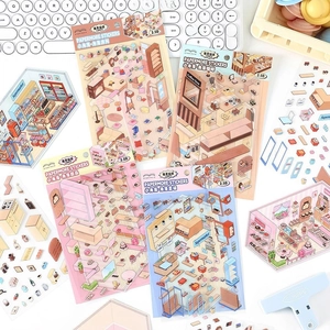 3D isometric scene stickers for DIY scrapbooking with various interior room themes