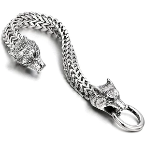 Silver stainless steel Franco link bracelet featuring detailed Viking wolf head clasps
