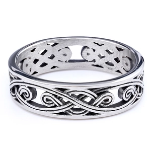Close-up of vintage Celtic knot woven pattern on a silver stainless steel ring band
