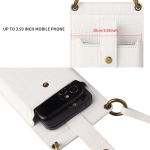 Detail view of crocodile pattern mobile phone bag with dimensions and phone fit capacity