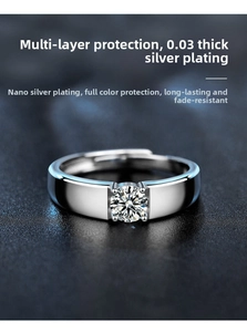 Detail of wide men silver ring featuring high-polished finish and Moissanite diamond setting
