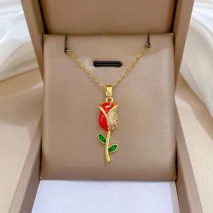 Collana Con Ciondolo A Rosa Elegante Catena In Acciaio Inossidabile Rame Smalto Zircone Gioielli Floreali Per Donna