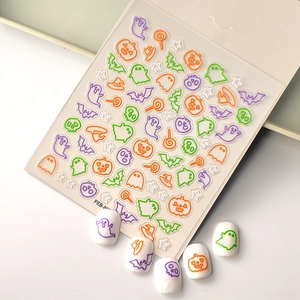 5D Halloween embossed nail stickers with ghosts bats and pumpkins on white nails