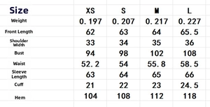 Detailed size chart for ethnic print long sleeve blouse showing XS-L measurements in cm