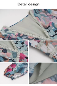 Detail design showing floral chiffon fabric with lace trim and elastic cuffs