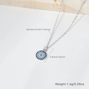 Detailed view of sterling silver necklace with Evil Eye pendant and product dimensions
